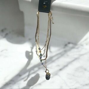 Waffle Multi Strand Necklace Gold Faux Pearls and Elegant Rock Pendant